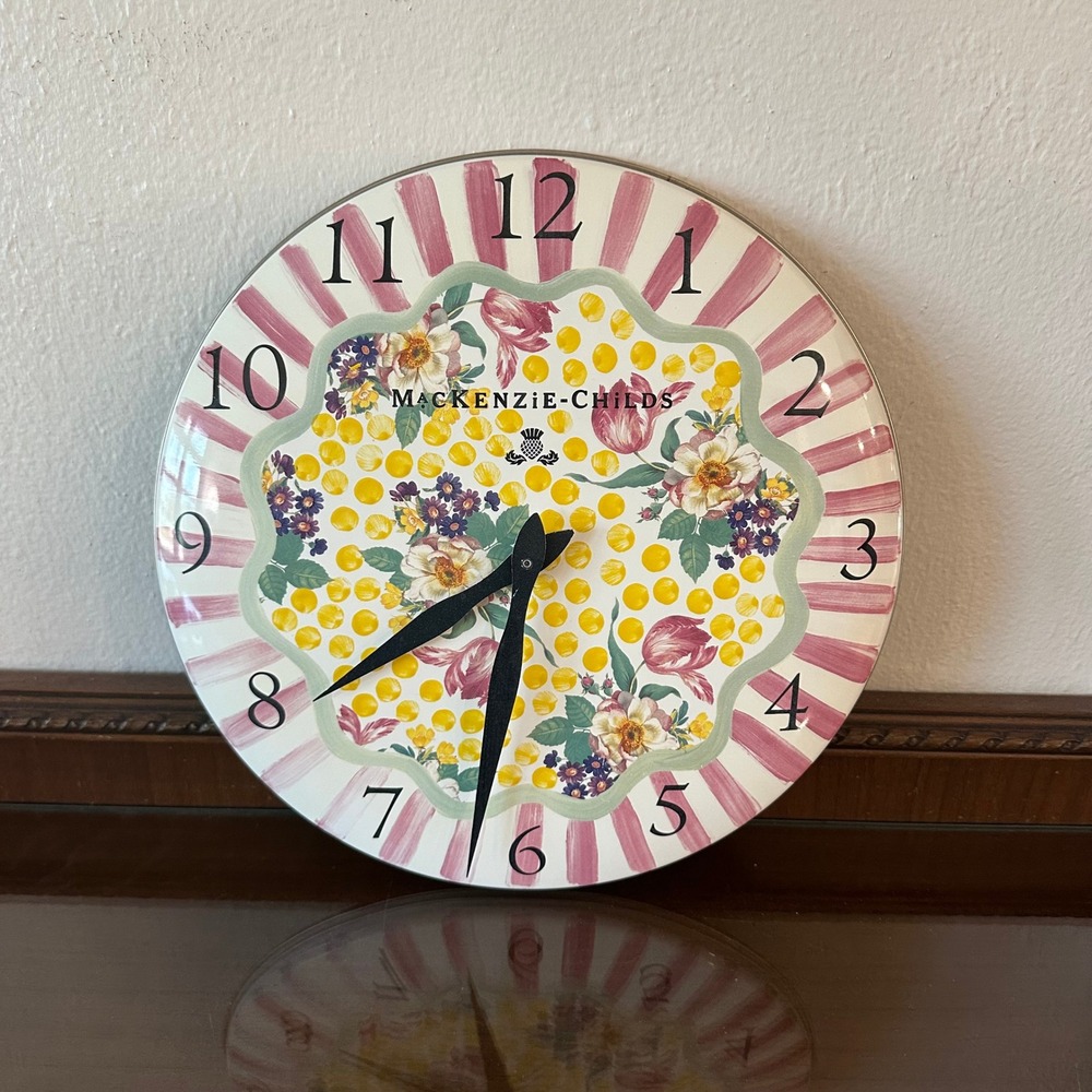 MacKenzie-Childs Flower Market Wall Clock Pink Stripe Floral Enamel Decor WORKS - Picture 2 of 3